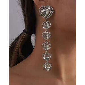 Boho Long Heart Full Diamond Dangle Earrings Sparkling Statement Rhinestone Drop